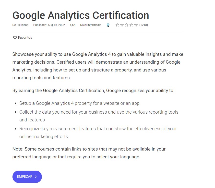 certificado Google Analytics 4